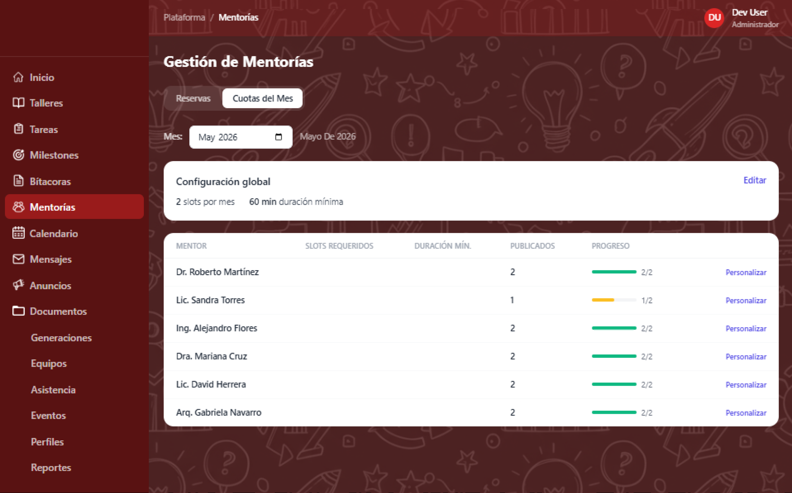 Vista admin: gestión de mentorías