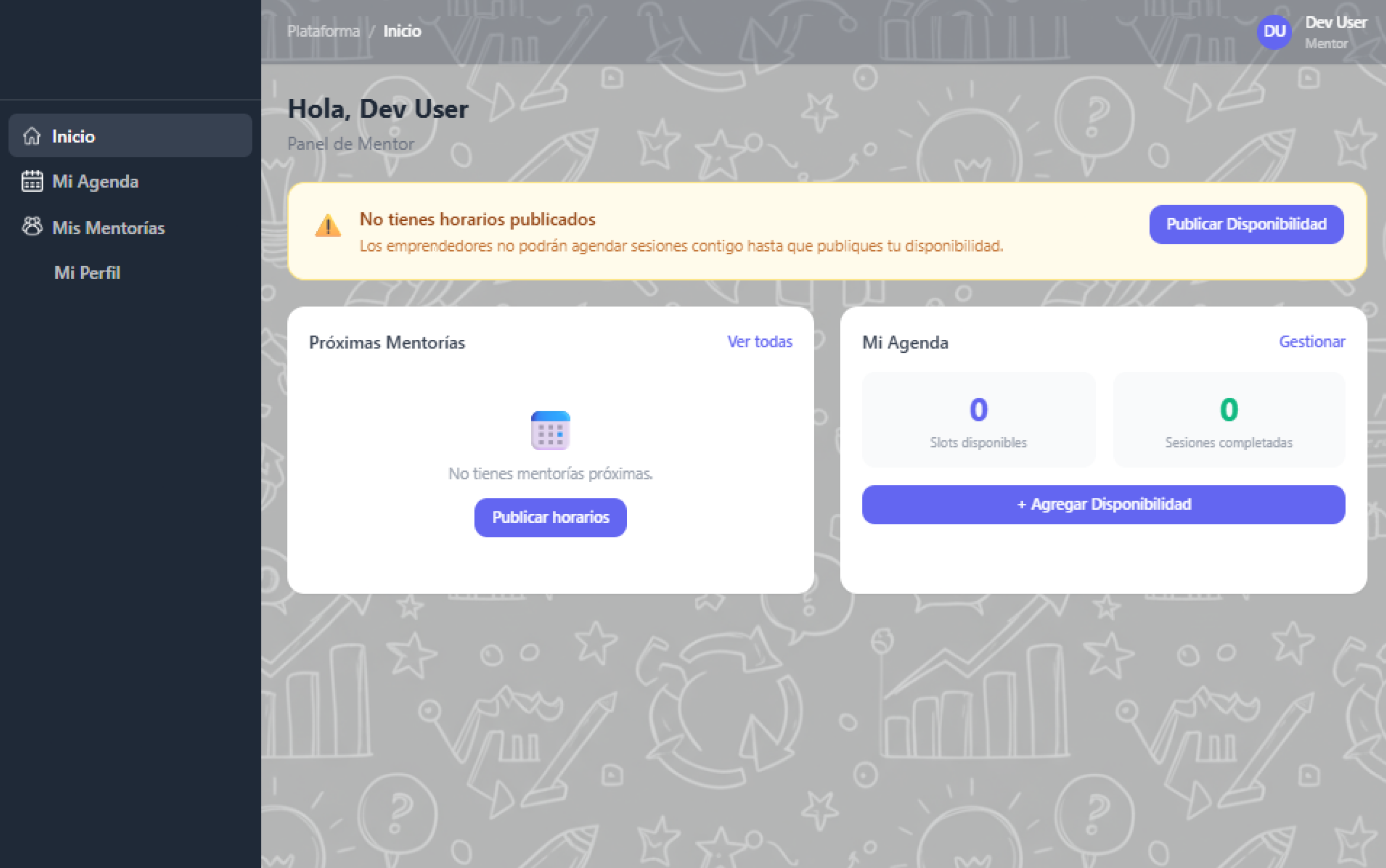 Vista mentor: panel de disponibilidad para mentorías